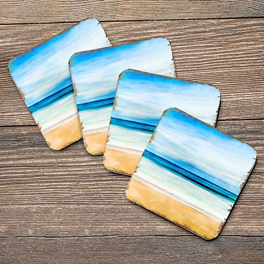 Beach Coastal Wooden Cork Coasters, Set of 4