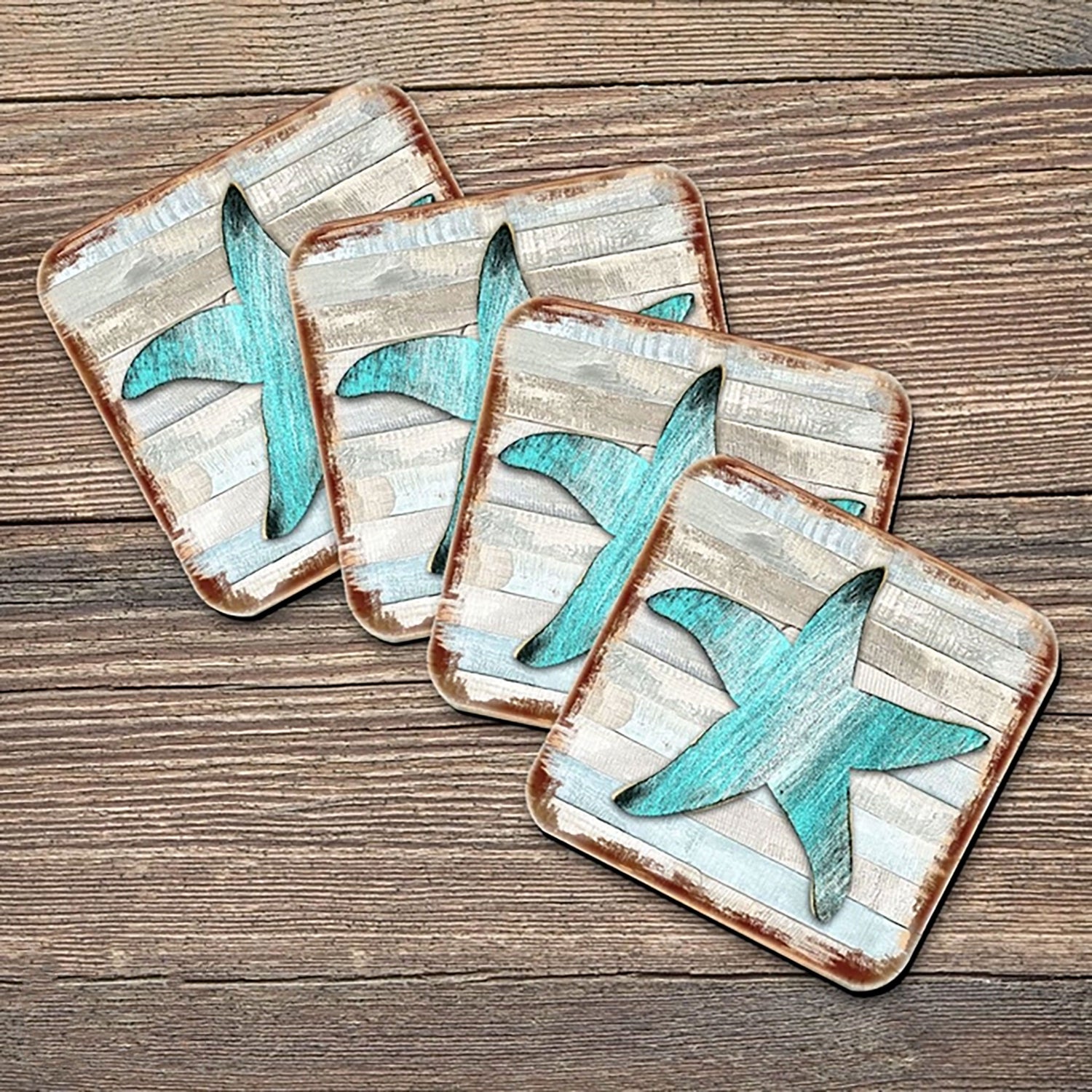 Starfish Wooden Cork Coasters, Set of 4